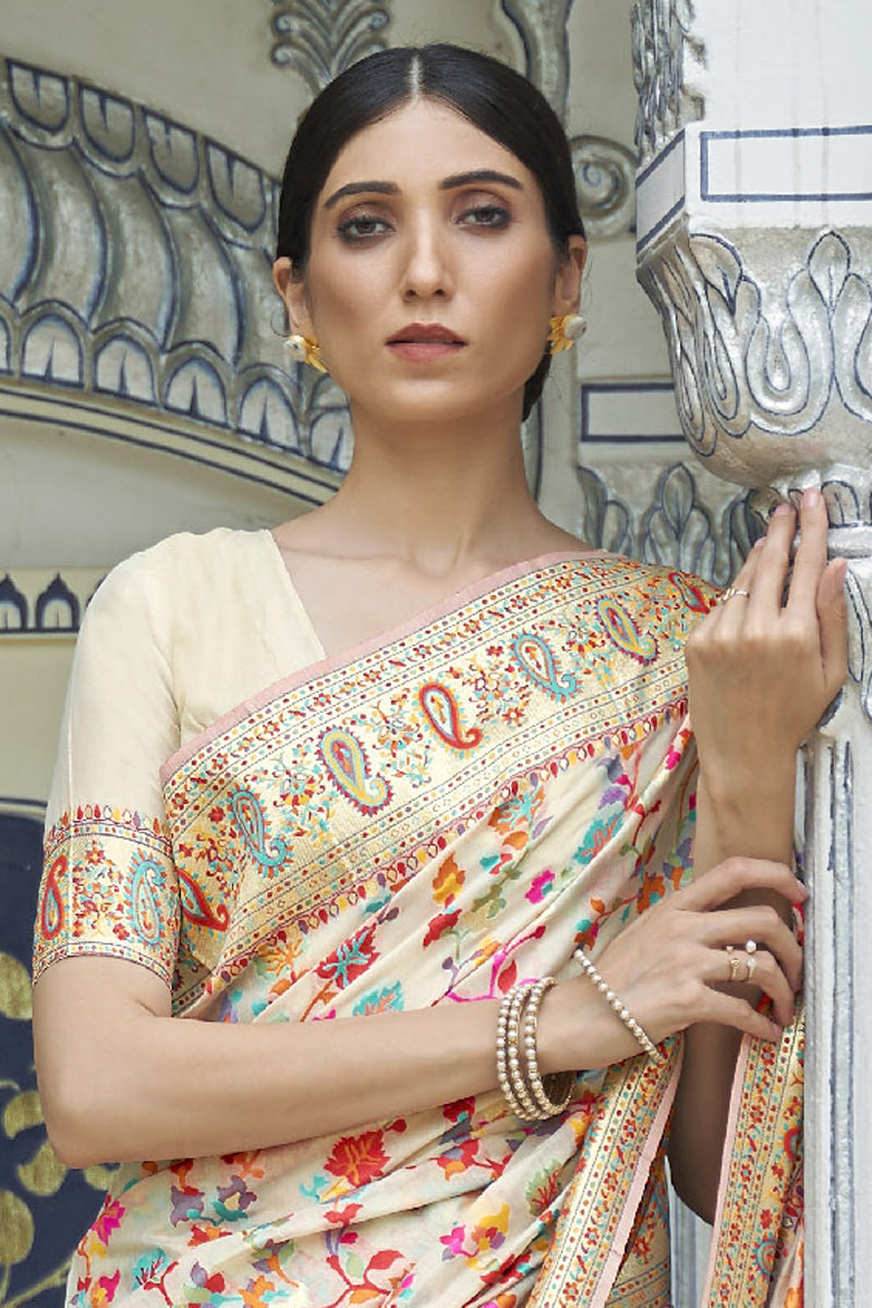 Weaving Work On Sangeet Wear Art Silk Fabric Saree In Beige Color
