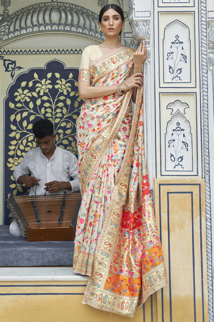 Weaving Work On Sangeet Wear Art Silk Fabric Saree In Beige Color