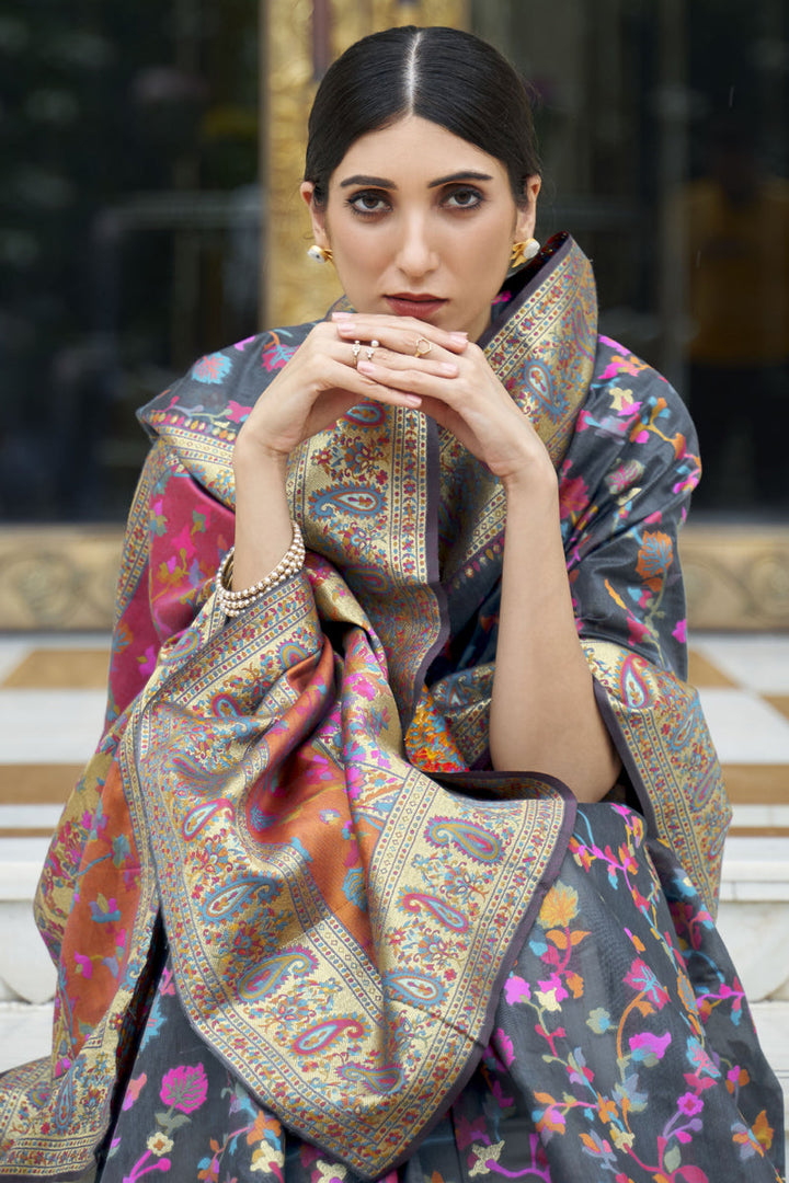 Grey Color Weaving Work Sangeet Wear Art Silk Fabric Saree
