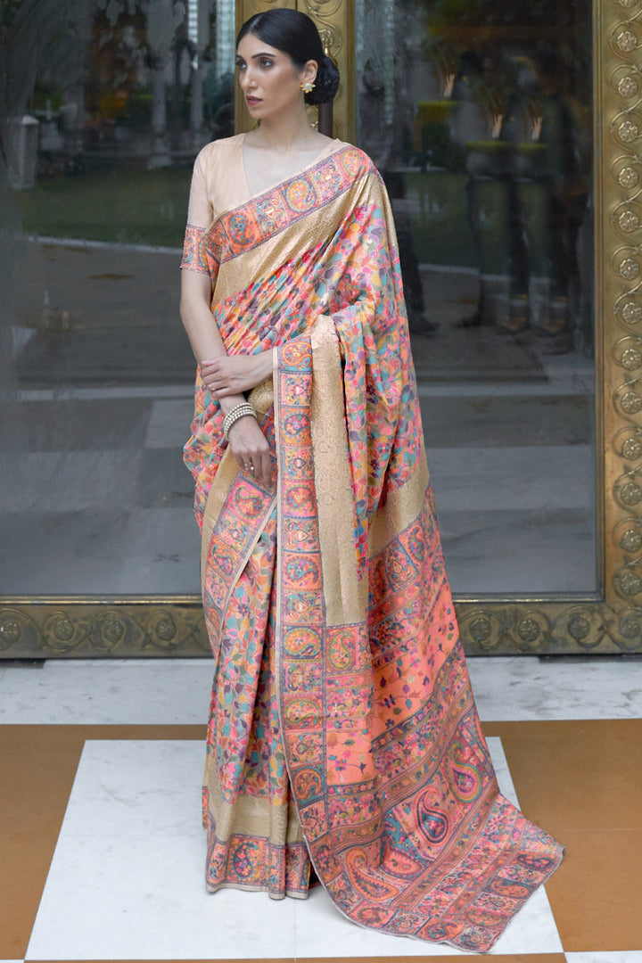 Cream Color Sangeet Wear Classic Art Silk Fabric Weaving Work Saree