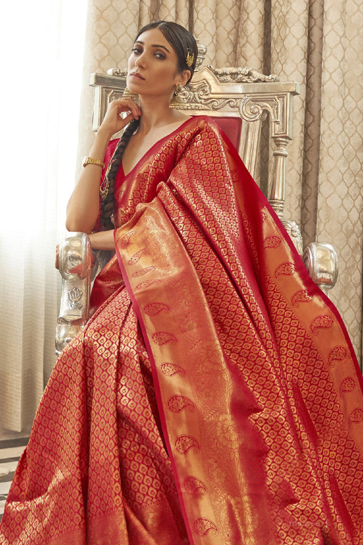 Red Color Art Silk Fabric Sangeet Wear Saree With Weaving Work