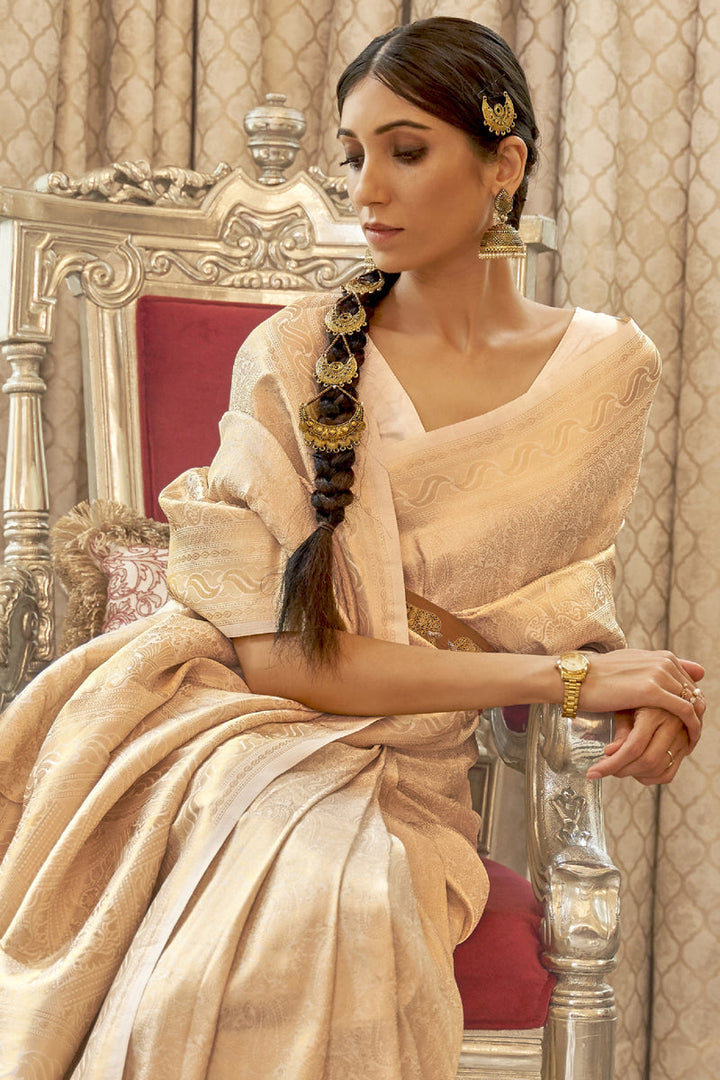 Art Silk Fabric Beige Color Sangeet Wear Saree With Weaving Work