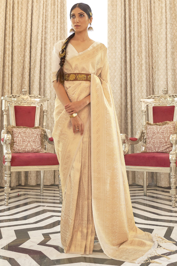 Art Silk Fabric Beige Color Sangeet Wear Saree With Weaving Work