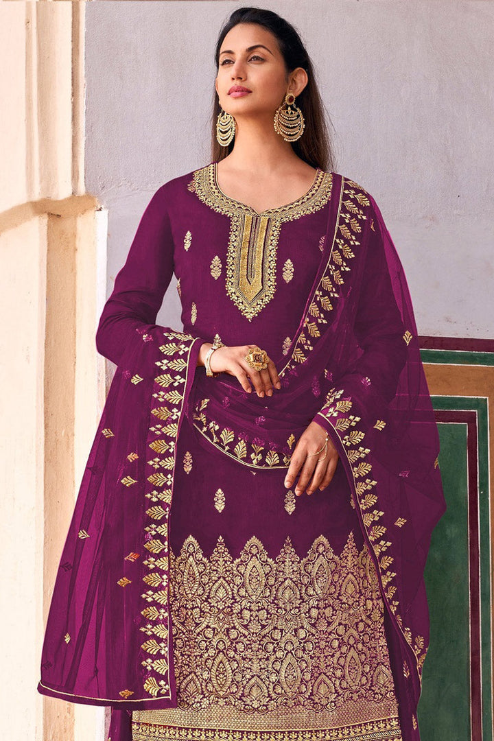 Embroidered Work On Festive Wear Jacquard Fabric Mesmerizing Palazzo Suit In Purple Color