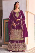 Load image into Gallery viewer, Embroidered Work On Festive Wear Jacquard Fabric Mesmerizing Palazzo Suit In Purple Color
