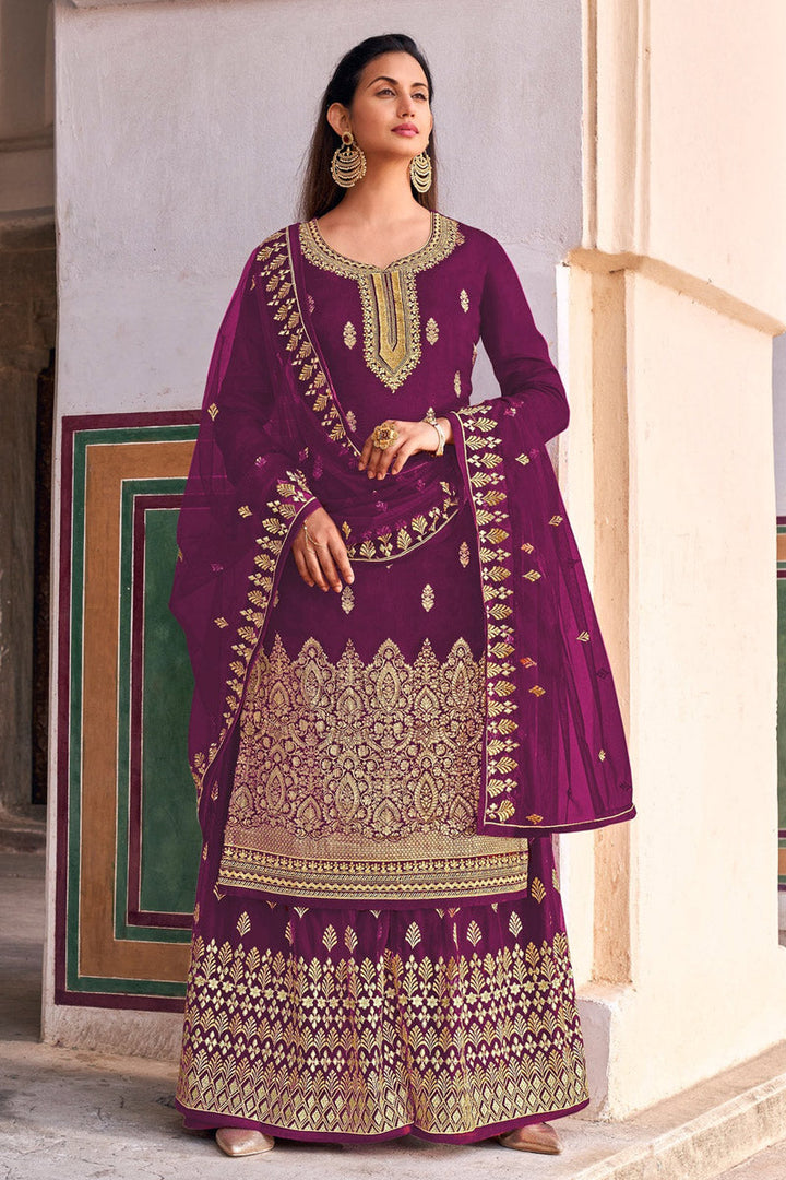 Embroidered Work On Festive Wear Jacquard Fabric Mesmerizing Palazzo Suit In Purple Color