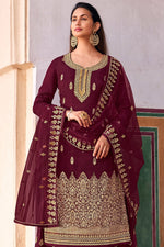 Load image into Gallery viewer, Festive Wear Maroon Color Alluring Jacquard Fabric Palazzo Suit With Embroidered Work
