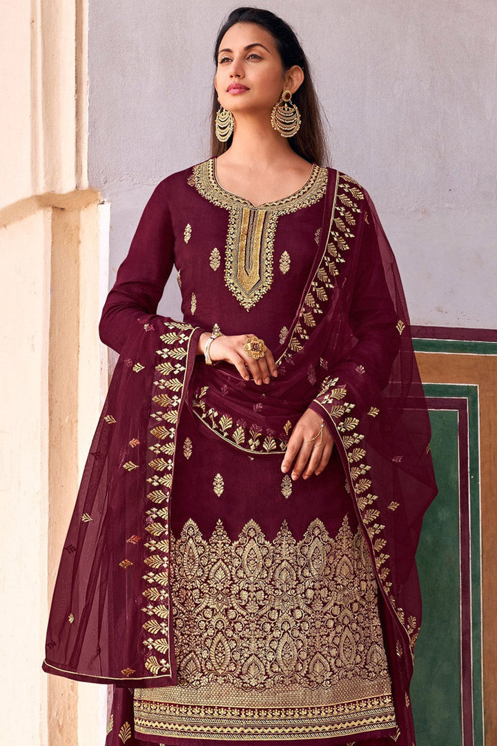 Festive Wear Maroon Color Alluring Jacquard Fabric Palazzo Suit With Embroidered Work