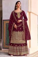 Load image into Gallery viewer, Festive Wear Maroon Color Alluring Jacquard Fabric Palazzo Suit With Embroidered Work
