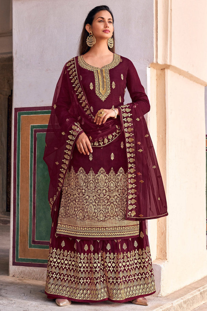 Festive Wear Maroon Color Alluring Jacquard Fabric Palazzo Suit With Embroidered Work