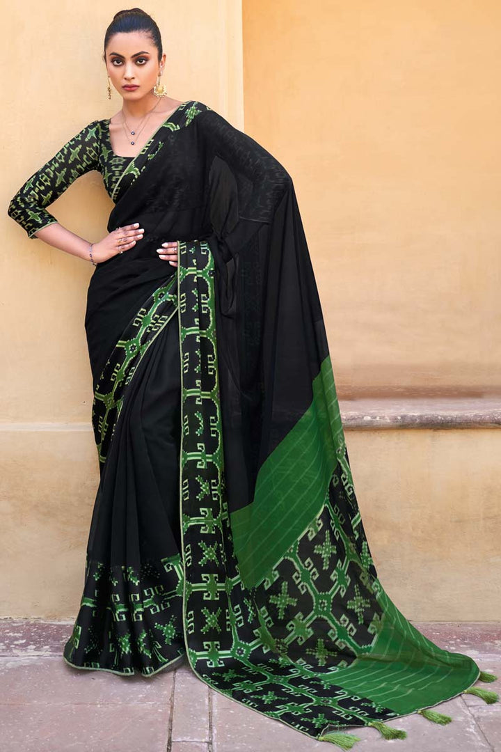 Casual Wear Black Color Printed Work Glamorous Saree In Satin Fabric