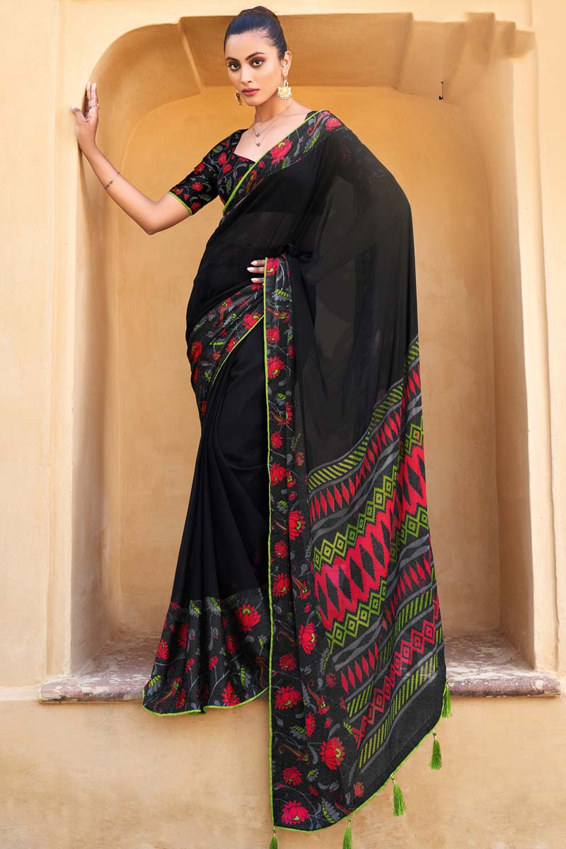 Satin Fabric Black Color Printed Work Daily Wear Imposing Saree
