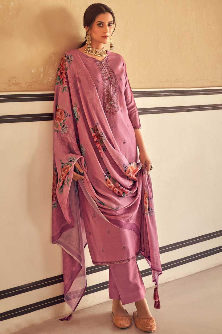 Cotton Silk Fabric Pink Color Festival Wear Classic Salwar Suit With Embroidered Work