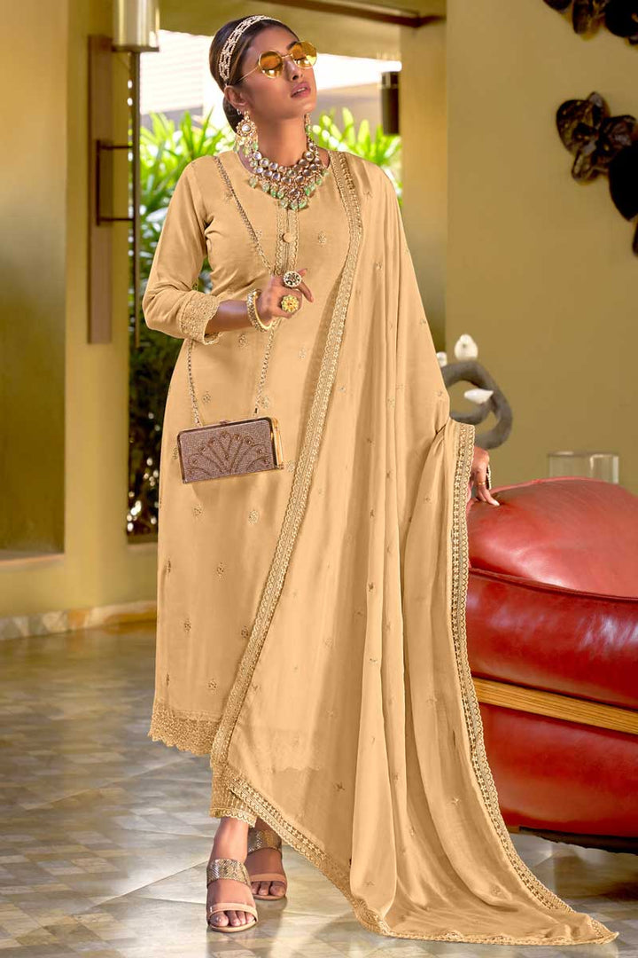 Viscose Fabric Cream Color Festive Wear Elegant Palazzo Suit With Embroidered Work