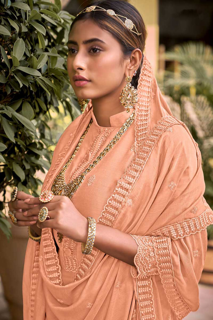 Embroidered Work Festive Wear Peach Color Viscose Fabric Traditional Palazzo Suit