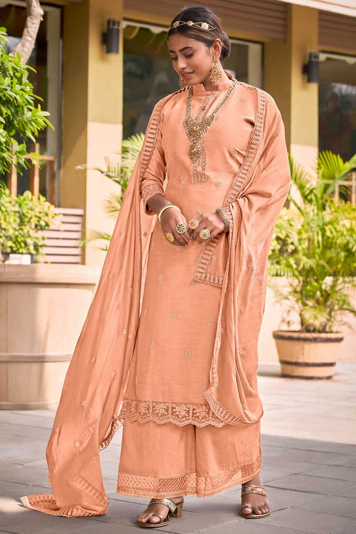 Embroidered Work Festive Wear Peach Color Viscose Fabric Traditional Palazzo Suit