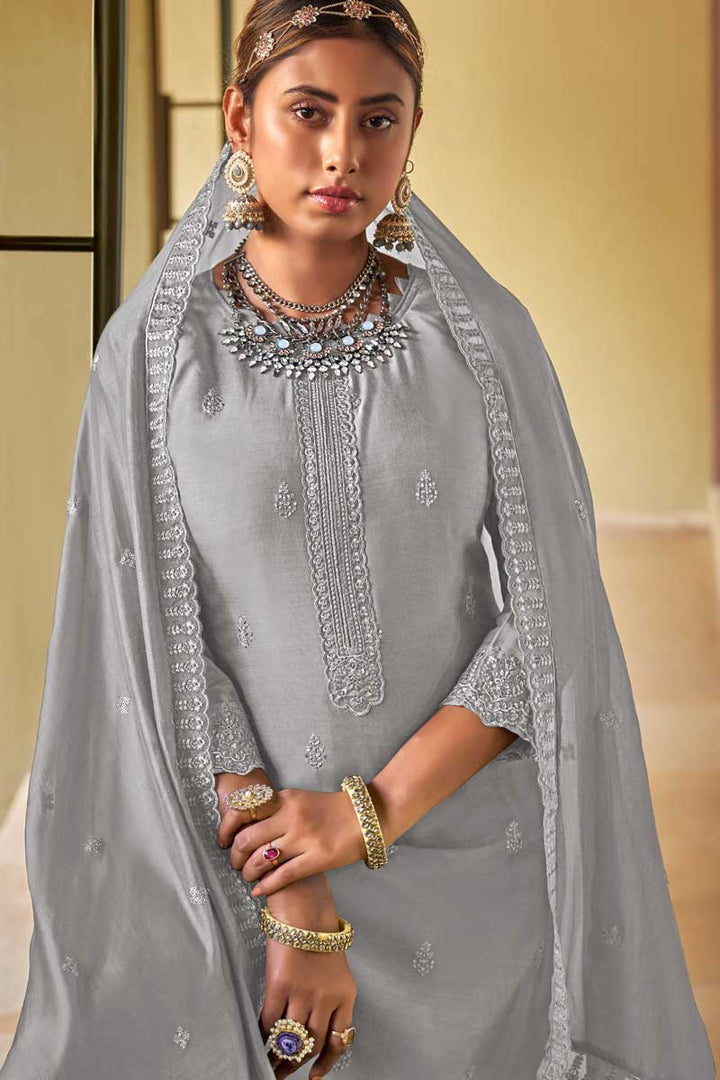 Charming Grey Color Festive Wear Viscose Fabric Palazzo Suit With Embroidered Work