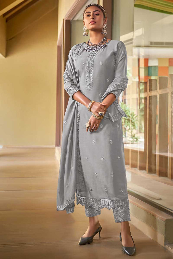 Charming Grey Color Festive Wear Viscose Fabric Palazzo Suit With Embroidered Work