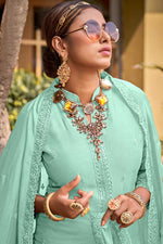 Load image into Gallery viewer, Viscose Fabric Sea Green Color Festive Wear Palazzo Suit With Coveted Embroidered Work
