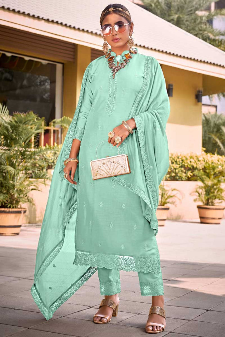 Viscose Fabric Sea Green Color Festive Wear Palazzo Suit With Coveted Embroidered Work