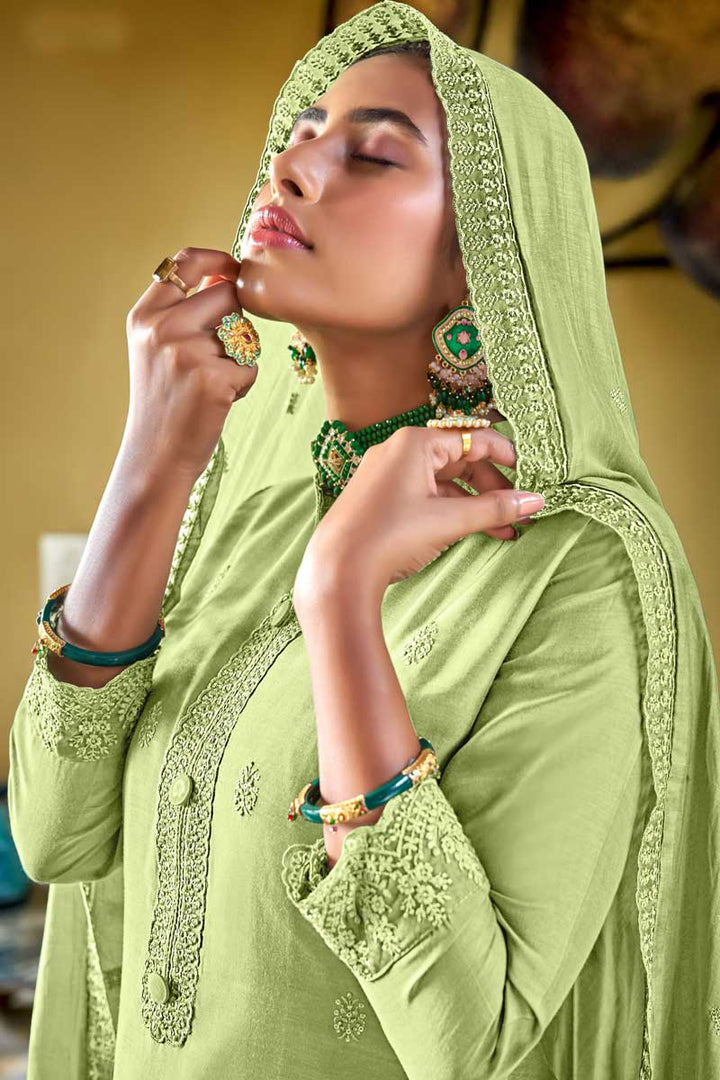 Green Color Festive Wear Viscose Fabric Palazzo Suit With Splendid Embroidered Work