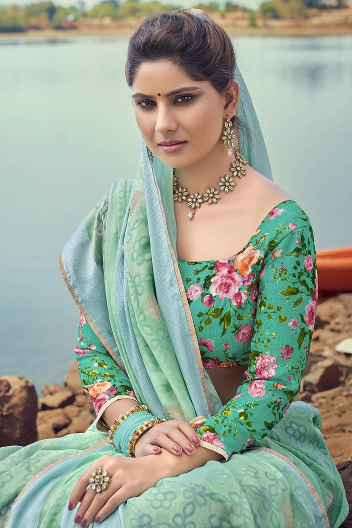 Sober Printed Work On Casual Wear Saree In Sea Green Color Chiffon Fabric