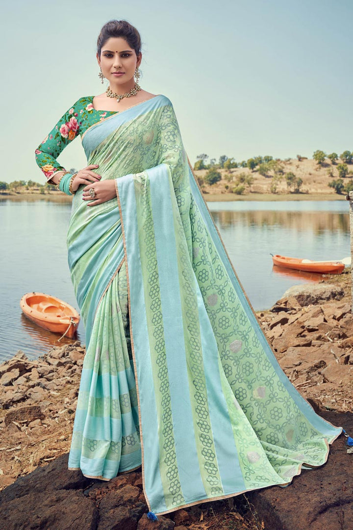 Sober Printed Work On Casual Wear Saree In Sea Green Color Chiffon Fabric