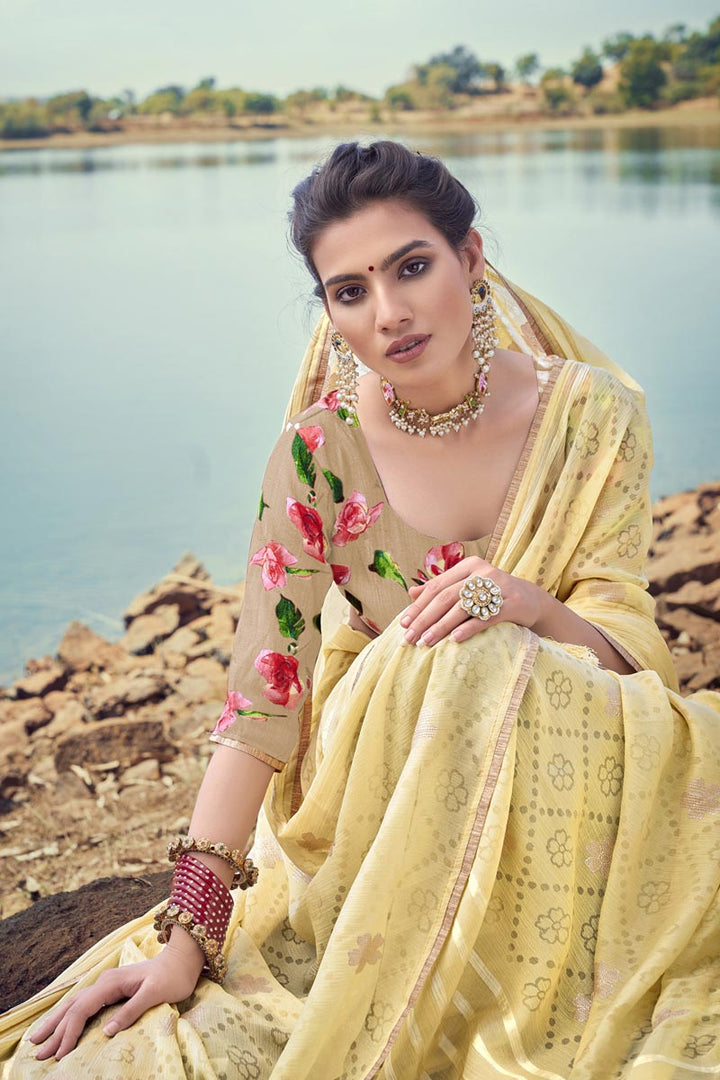 Intriguing Printed Work On Yellow Color Casual Wear Chiffon Fabric Saree