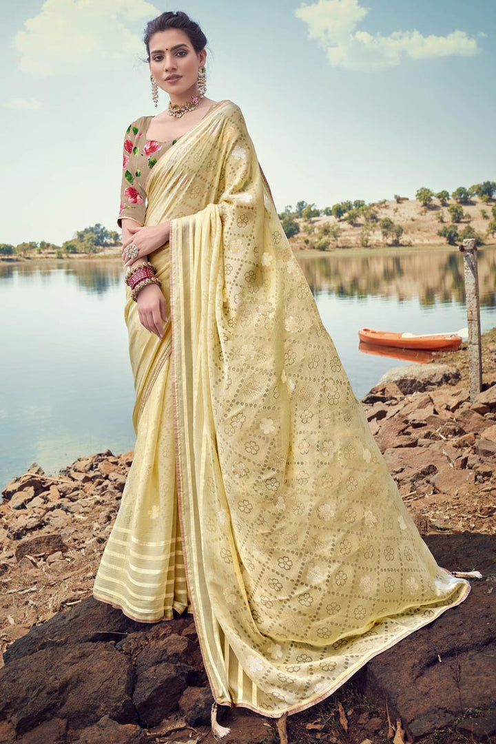 Intriguing Printed Work On Yellow Color Casual Wear Chiffon Fabric Saree