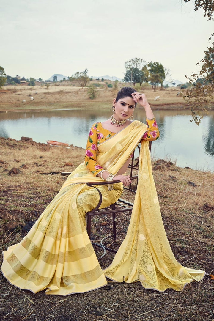 Yellow Color Engaging Printed Work Chiffon Fabric Saree In Daily Wear