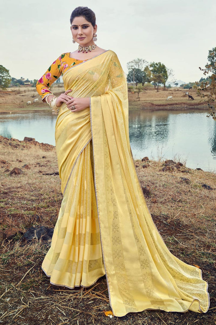 Yellow Color Engaging Printed Work Chiffon Fabric Saree In Daily Wear