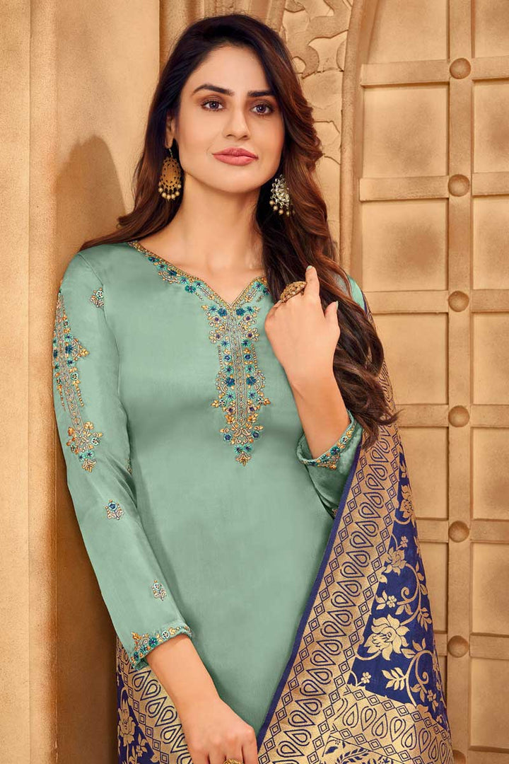 Embroidered Work On Satin Georgette Fabric Party Wear Royal Salwar Suit With Banarasi Style Dupatta In Sea Sea Green Color