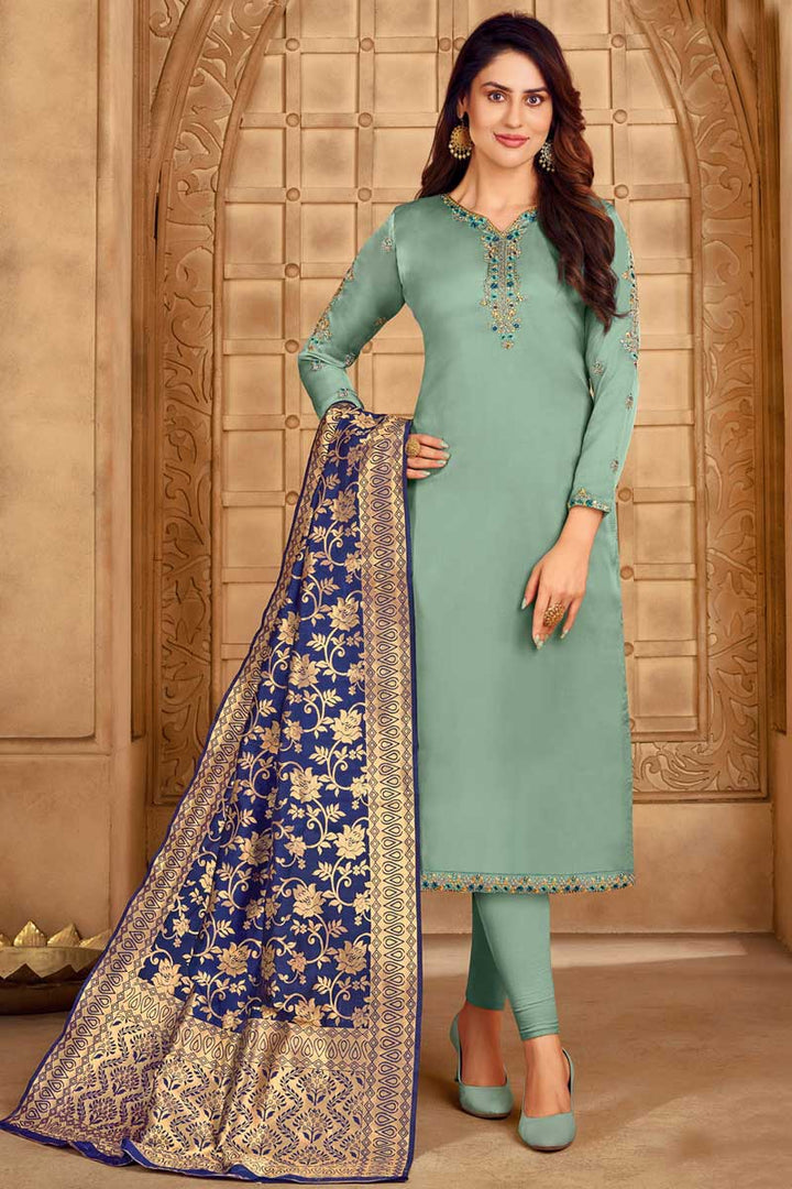 Embroidered Work On Satin Georgette Fabric Party Wear Royal Salwar Suit With Banarasi Style Dupatta In Sea Sea Green Color