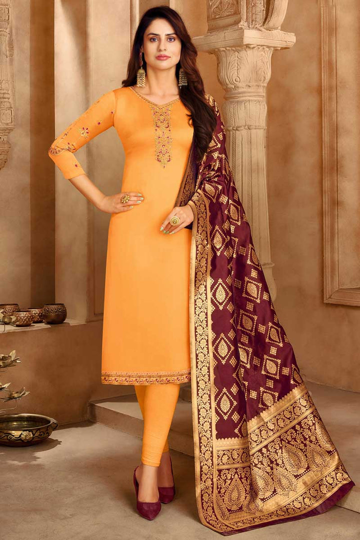 Party Wear Mustard Color Satin Georgette Fabric Pleasance Embroidered Work Salwar Suit With Banarasi Style Dupatta