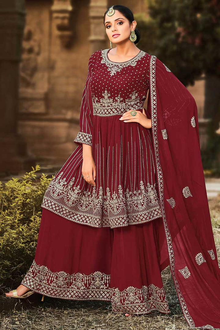 Majestic Maroon Color Georgette Fabric Function Weare Palazzo Suit With Embroidered Work Featuring Asmita Sood