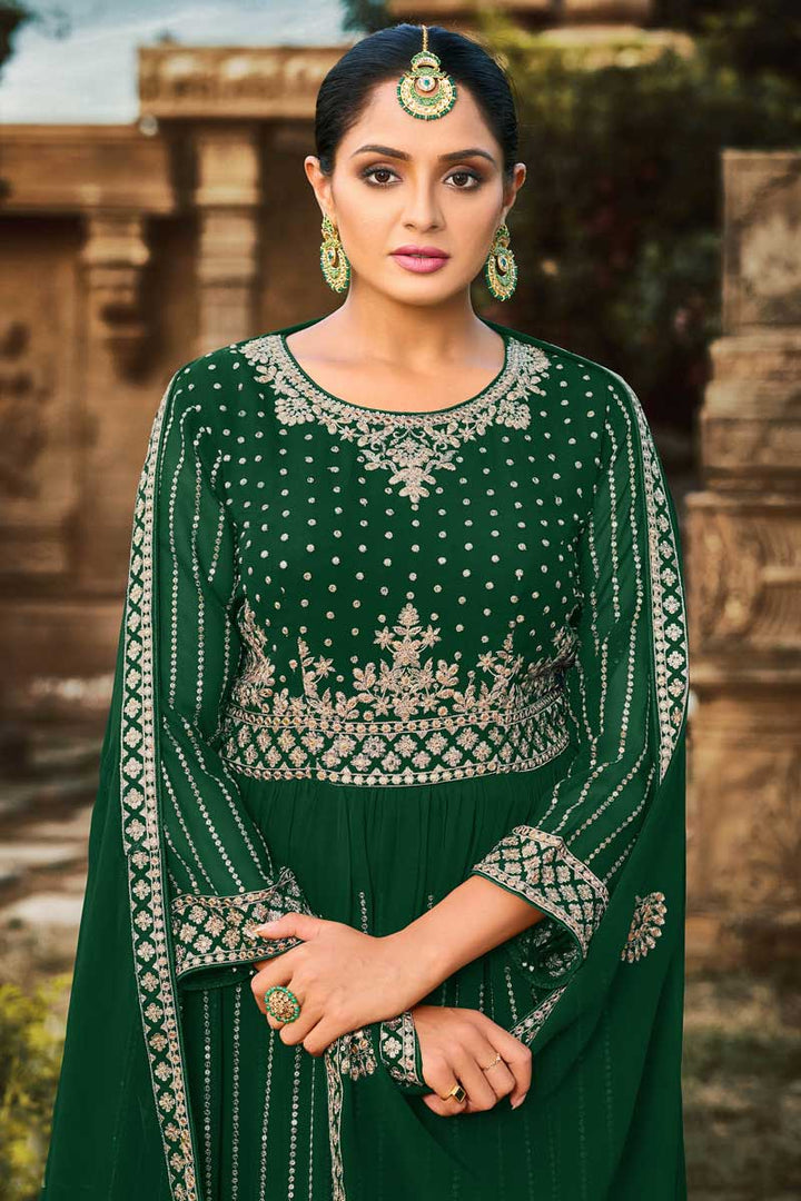 Function Weare Green Color Georgette Fabric Vivacious Palazzo Suit Featuring Asmita Sood With Embroidered Work
