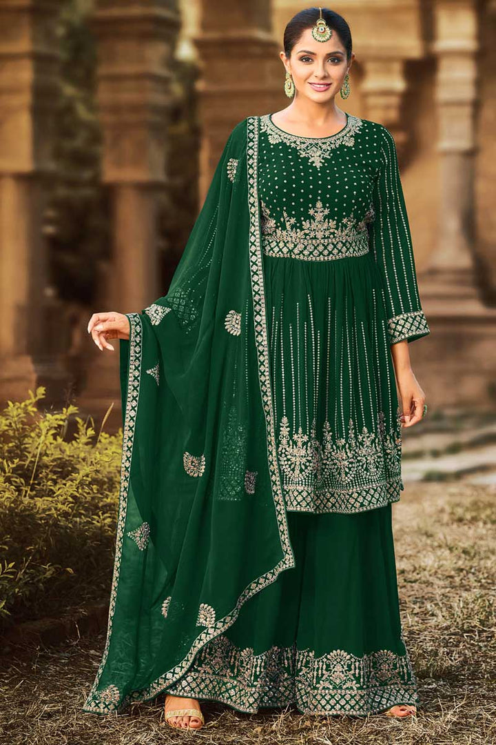 Function Weare Green Color Georgette Fabric Vivacious Palazzo Suit Featuring Asmita Sood With Embroidered Work
