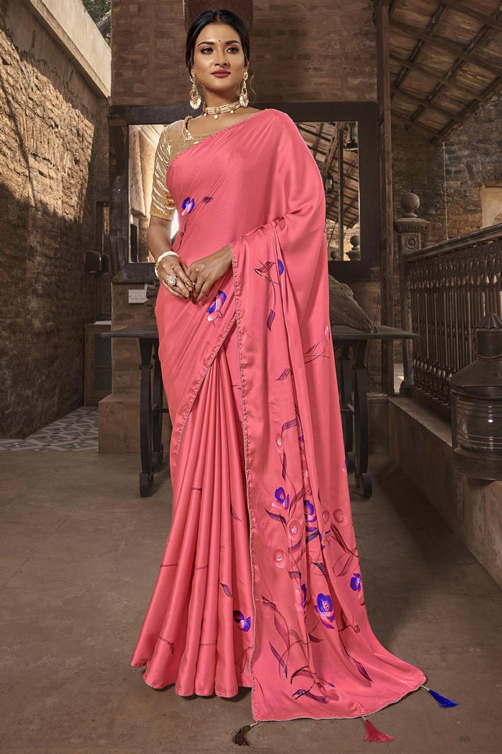 Innovative Floral Printed Work On Satin Fabric Casual Wear Saree In Pink Color