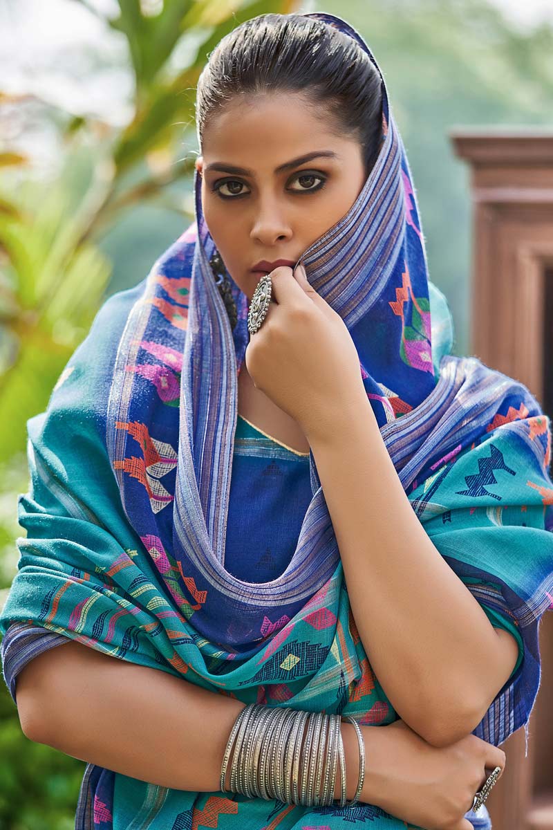 Cyan Color Casual Wear Tempting Linen Fabric Saree With Printed Work | Buy Online India