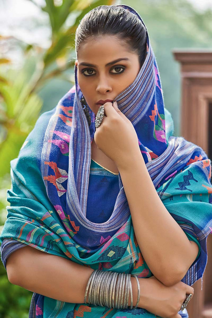 Cyan Color Casual Wear Tempting Linen Fabric Saree With Printed Work | Buy Online India
