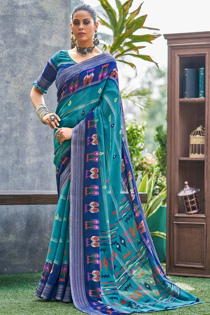 Cyan Color Casual Wear Tempting Linen Fabric Saree With Printed Work | Buy Online India