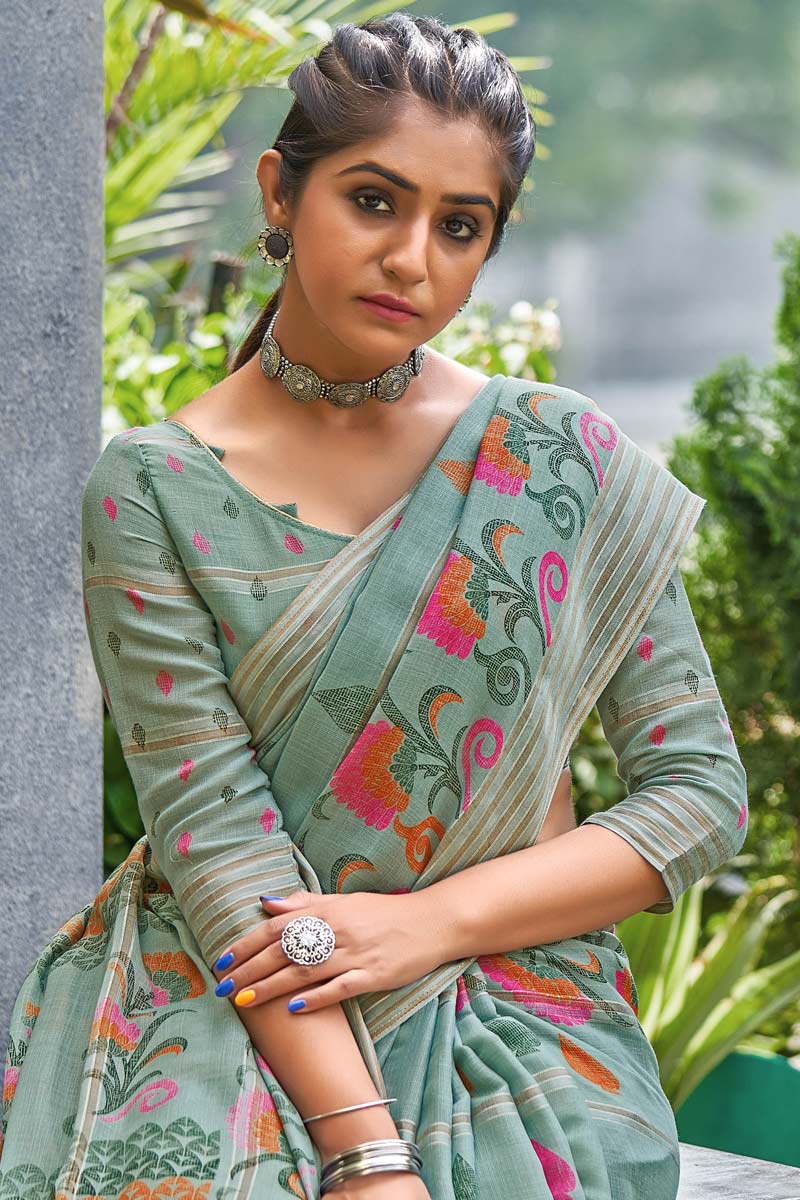 Casual Wear Olive Color Saree With Printed Work In Dazzling Linen Fabric