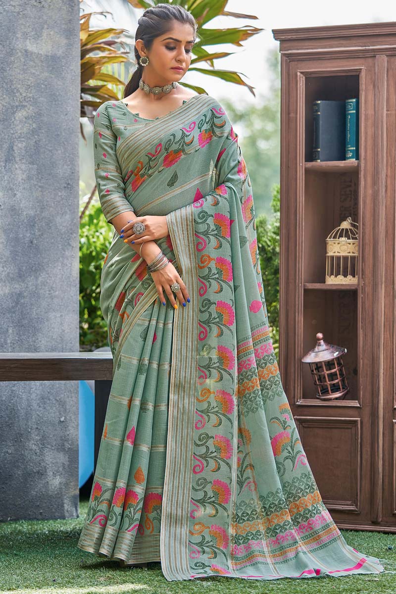 Casual Wear Olive Color Saree With Printed Work In Dazzling Linen Fabric