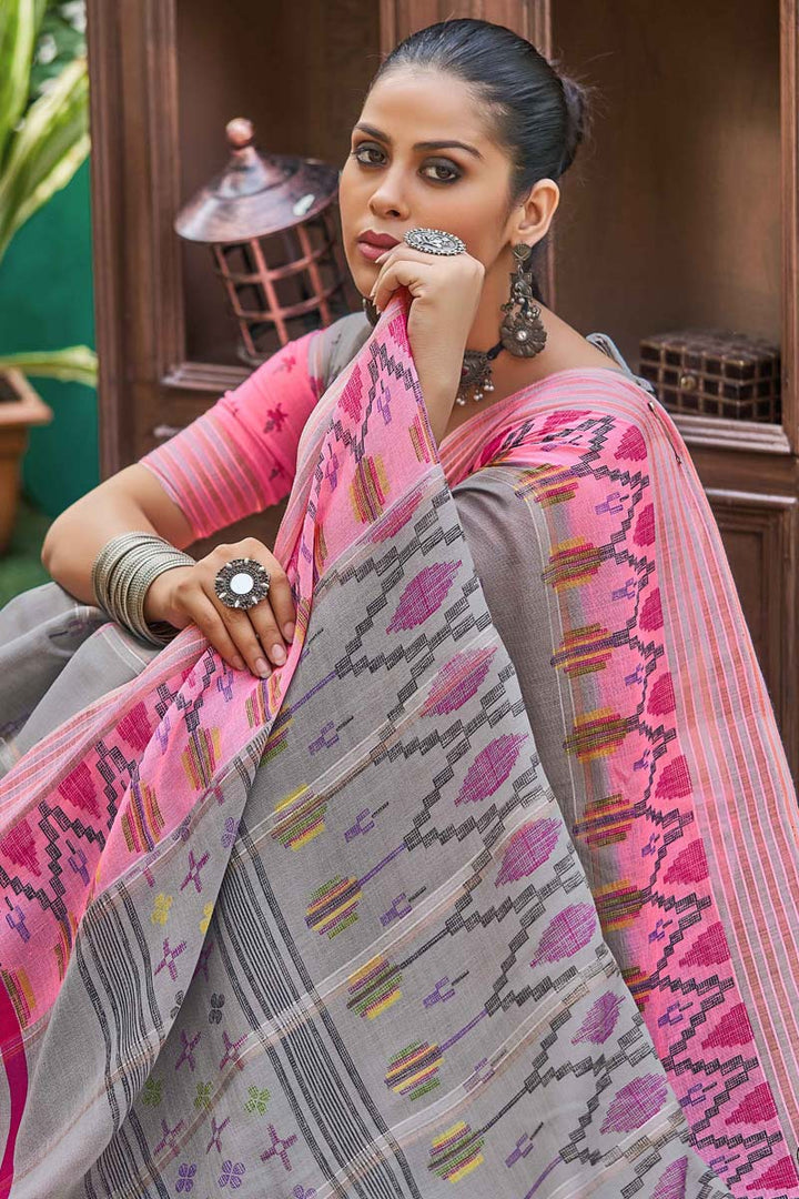 Grey Color Linen Fabric Beautiful Saree With Printed Work In Casual Wear
