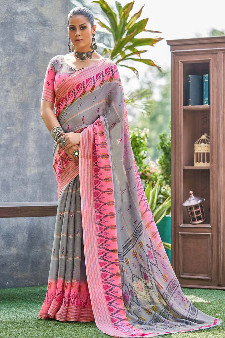 Grey Color Linen Fabric Beautiful Saree With Printed Work In Casual Wear