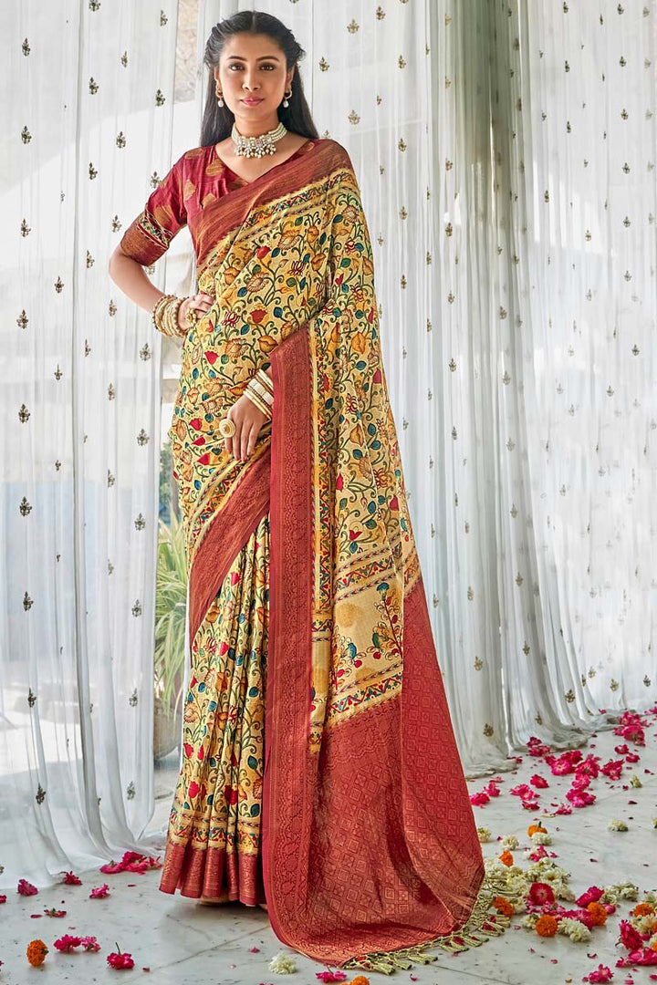 Casual Wear Art Silk Fabric Yellow Color Mesmeric Kalamkari Digital Printed Saree