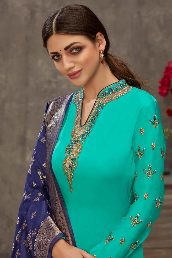 Satin Fabric Function Wear Glorious Palazzo Suit In Cyan Color With Embroidered Work