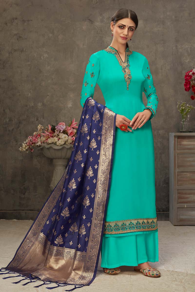 Satin Fabric Function Wear Glorious Palazzo Suit In Cyan Color With Embroidered Work
