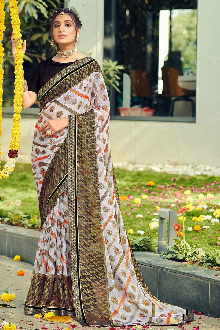 Printed Work On White Color Chiffon Fabric Casual Wear Remarkable Saree