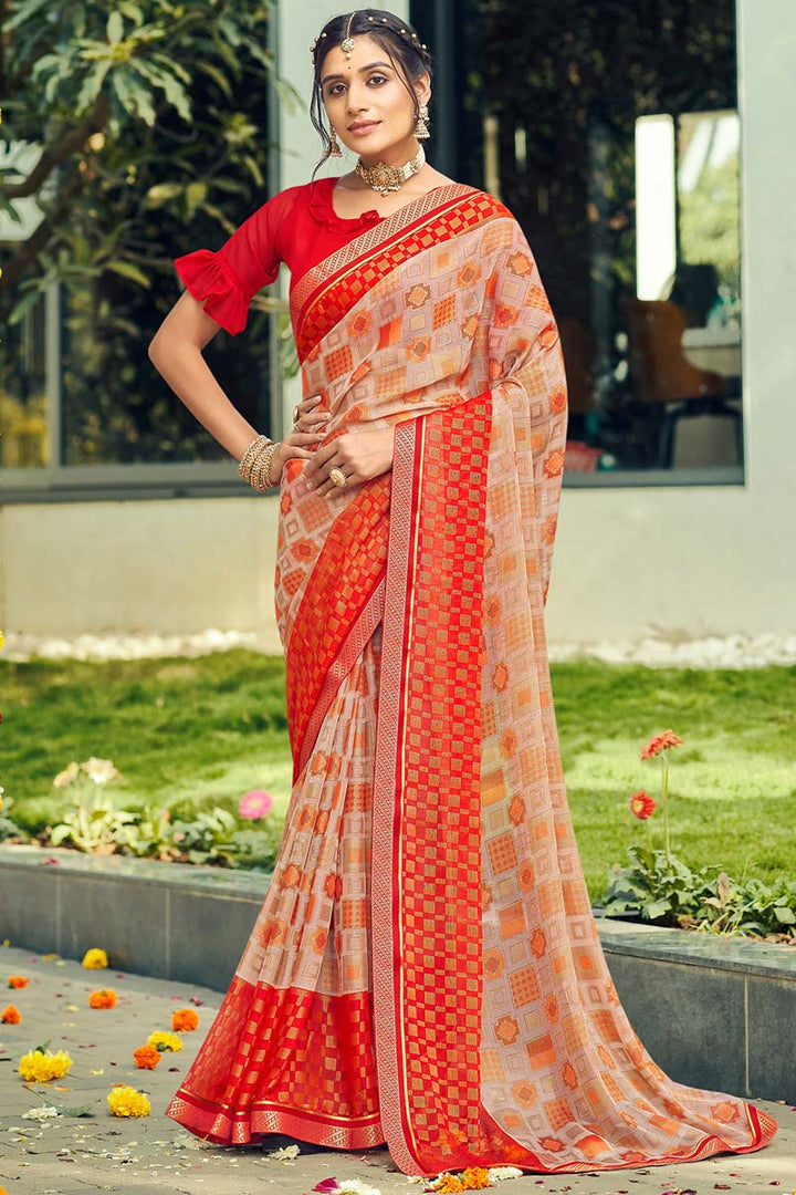 Beauteous Casual Wear Chikoo Color Printed Work Saree In Chiffon Fabric